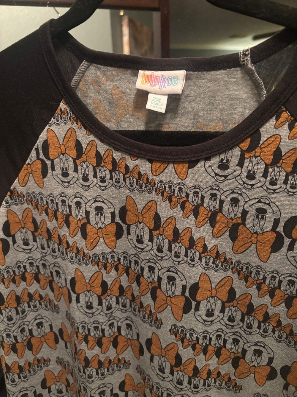 LuLaRoe Gray & Orange Minnie Mouse Long Sleeve Raglan